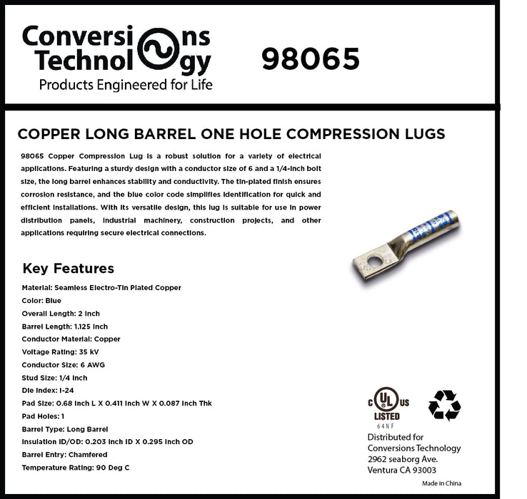 Copper Long Barrel One Hole Compression Lug 6 AWG 10-inch Bolt Size