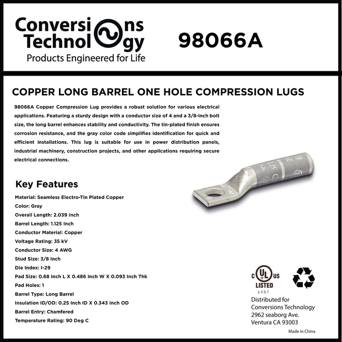 Copper Long Barrel One Hole Compression Lug 4 AWG 3/8-inch Bolt Size