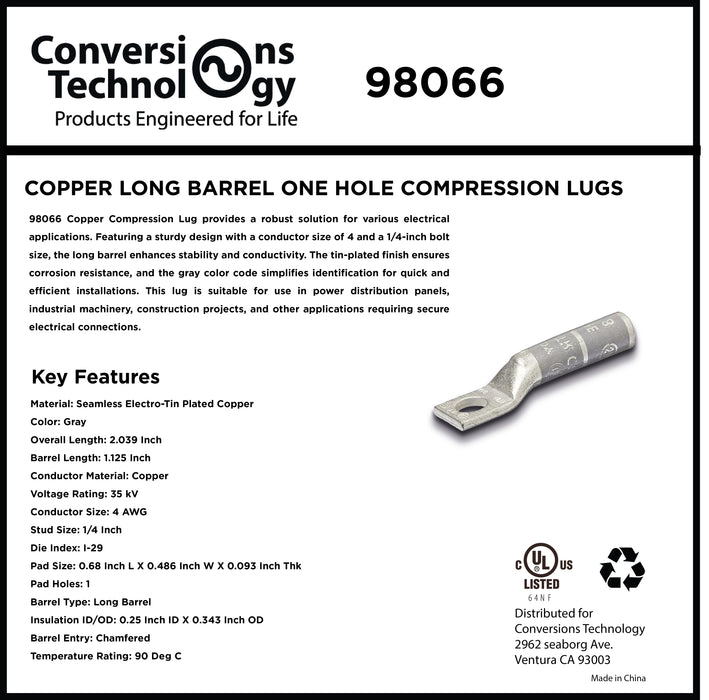 Copper Long Barrel One Hole Compression Lug 4 AWG 1/4-inch Bolt Size