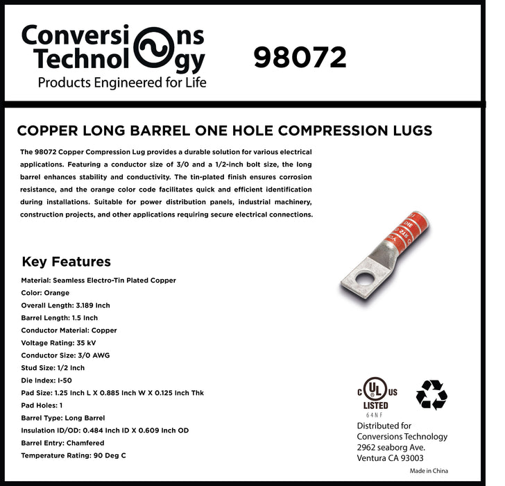 Copper Long Barrel One Hole Compression Lug 3/0 AWG 1/2-inch Bolt Size