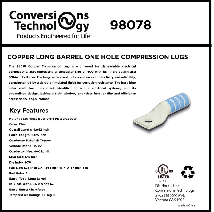 Copper Long Barrel One Hole Compression Lug 400 kcmil 5/8-inch Bolt Size