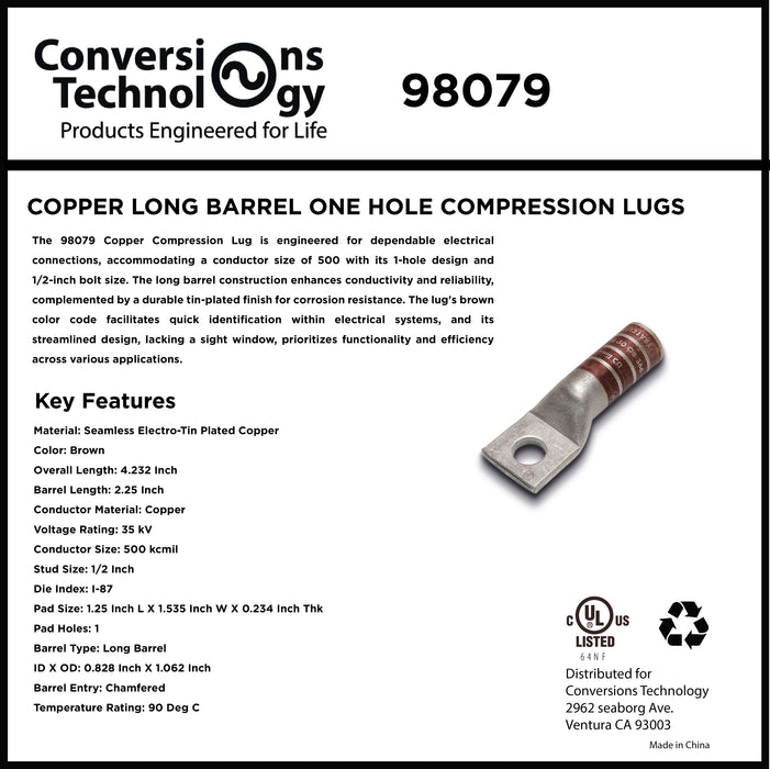 Copper Long Barrel One Hole Compression Lug 500 kcmil 1/2-inch Bolt Size