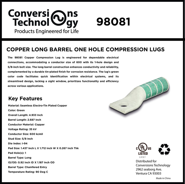 Copper Long Barrel One Hole Compression Lug 600 kcmil 5/8-inch Bolt Size