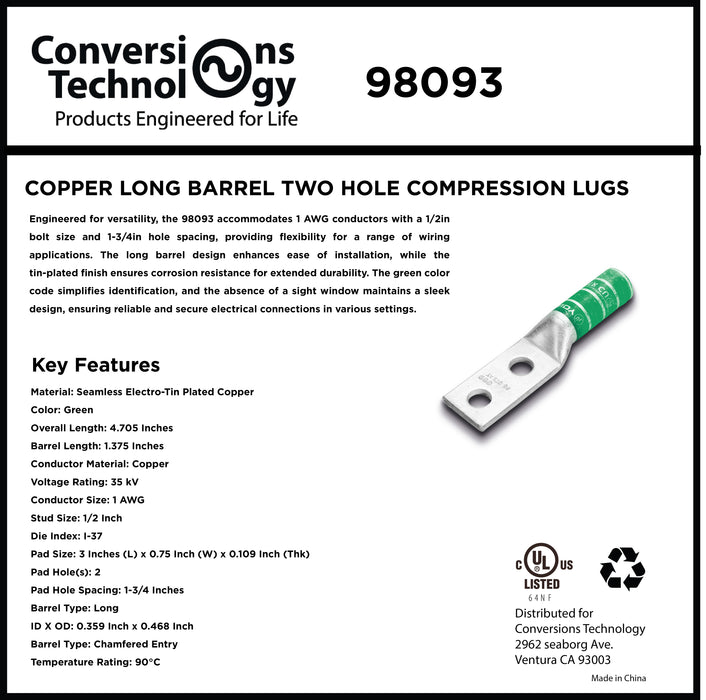 Copper Long Barrel Two Hole Compression Lugs 1  AWG 1/2-inch Bolt Size