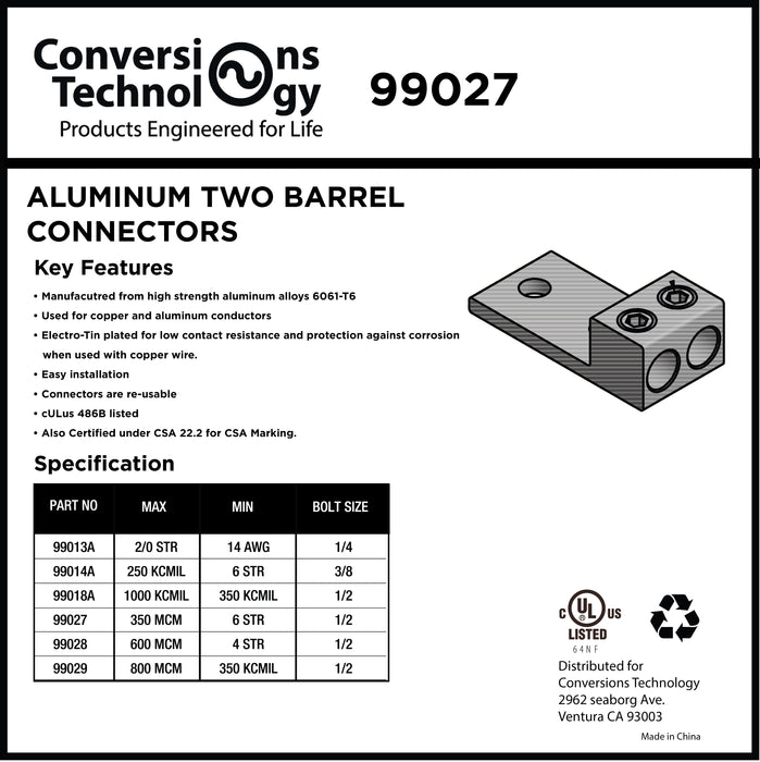 Aluminum Two Barrel Connectors 6 AWG min. to 350 kcmil max. 1/2 Inch Bolt Size
