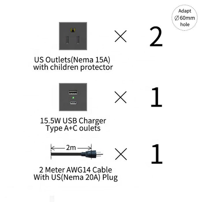Desktop Pop up power, 2 USB, 2 US Outlet, 5V 2.4 A