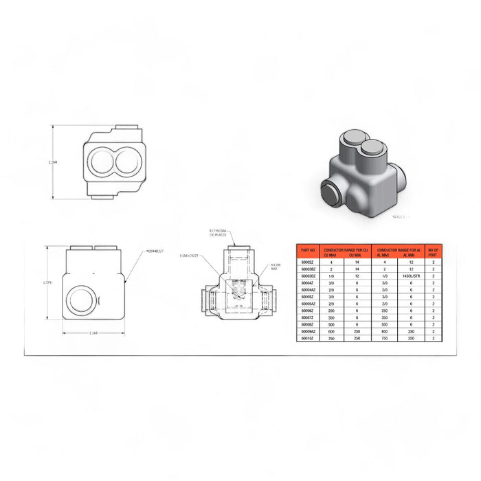 Insulated Tap Connectors for Two Wires Zig zag Entry 6 AWG - 250 MCM 2 Port