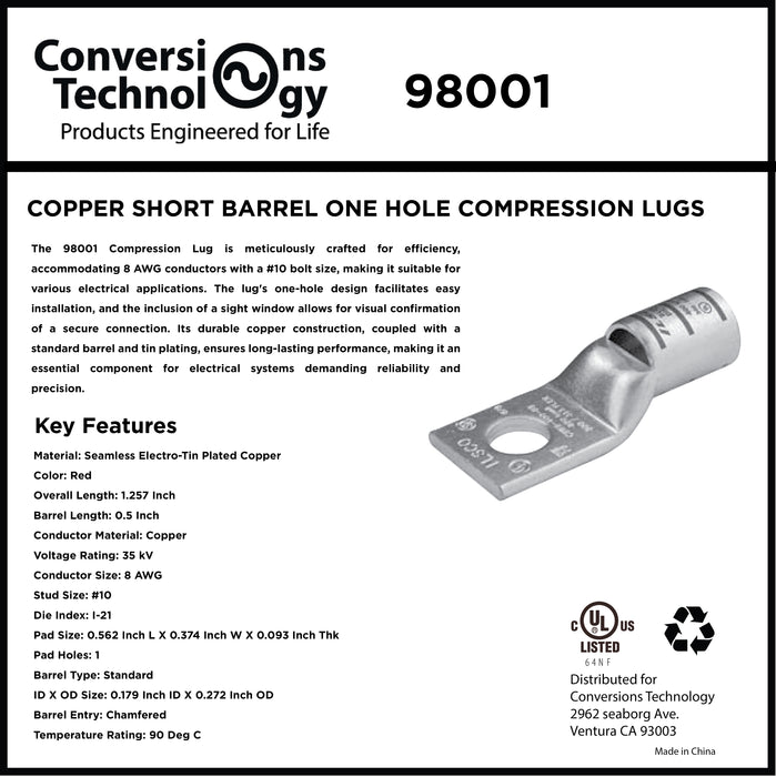 Copper Short Barrel One Hole Compression Lugs 8 AWG #10 Bolt Size