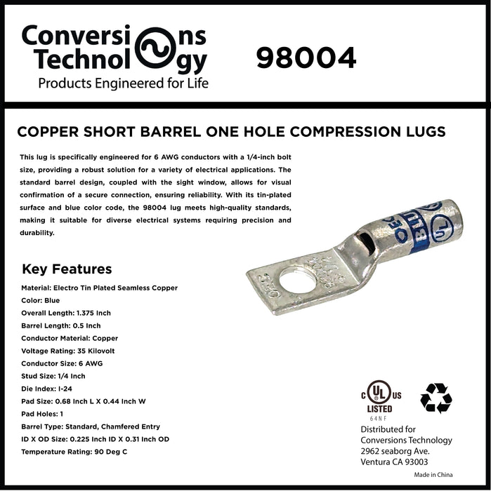 Copper Short Barrel One Hole Compression Lugs 6 AWG 1/4-inch Bolt Size