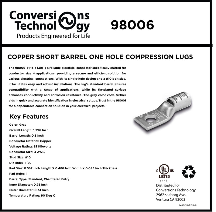 Copper Short Barrel One Hole Compression Lugs 4 AWG #10 Bolt Size