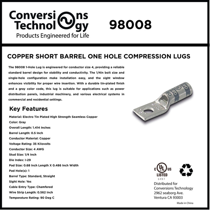Copper Short Barrel One Hole Compression Lugs 4 AWG 1/4-inch Bolt Size
