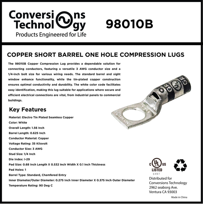 Copper Short Barrel One Hole Compression Lugs 3 AWG 1/4-inch Bolt Size