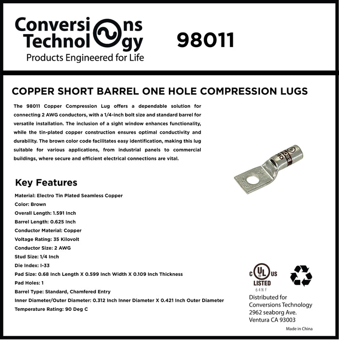 Copper Short Barrel One Hole Compression Lugs 2 AWG 1/4-inch Bolt Size