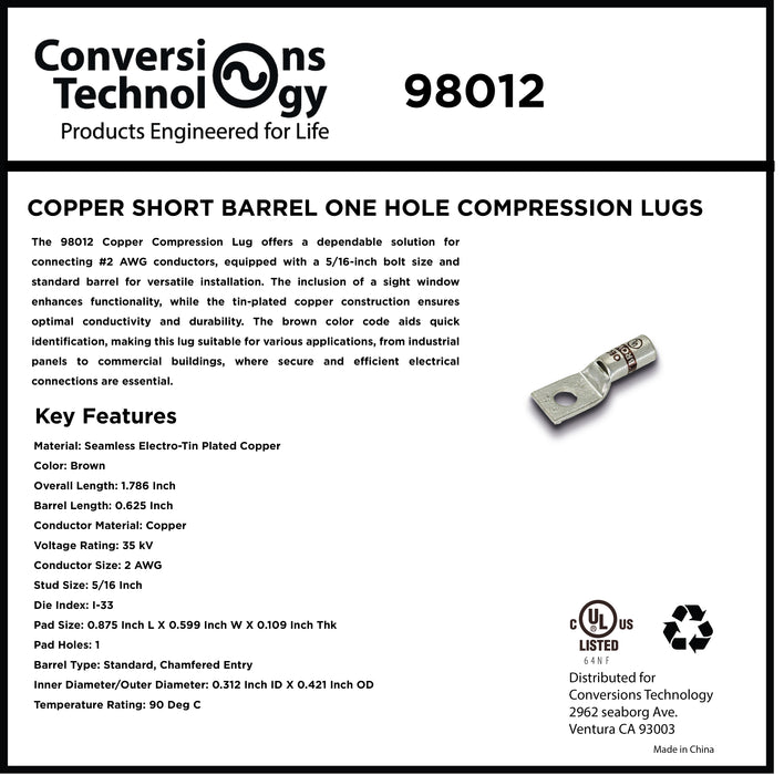 Copper Short Barrel One Hole Compression Lugs 2 AWG 5/16-inch Bolt Size