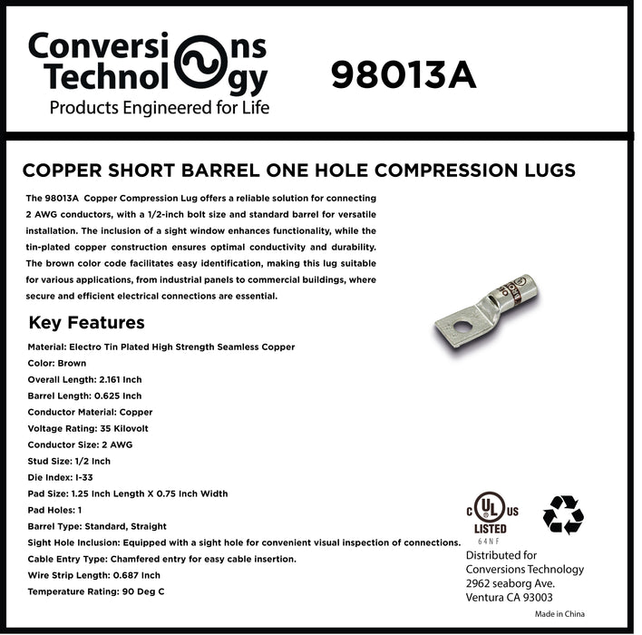 Copper Short Barrel One Hole Compression Lugs 2 AWG 1/2-inch Bolt Size