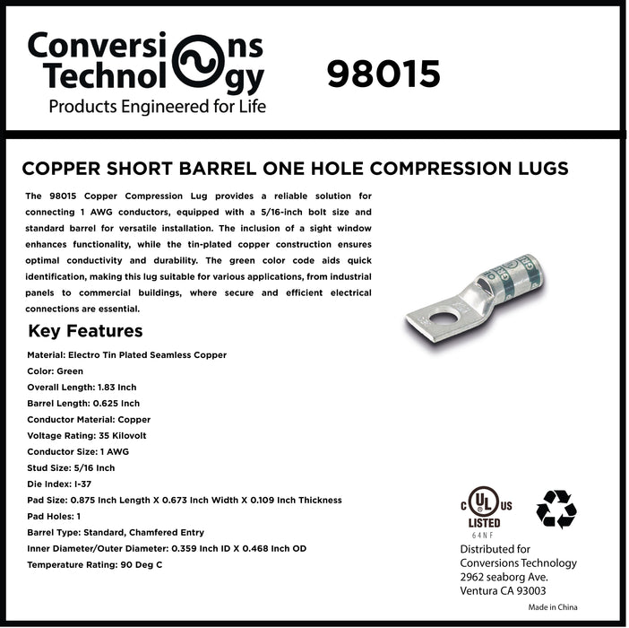 Copper Short Barrel One Hole Compression Lugs 1 AWG 5/16-inch Bolt Size