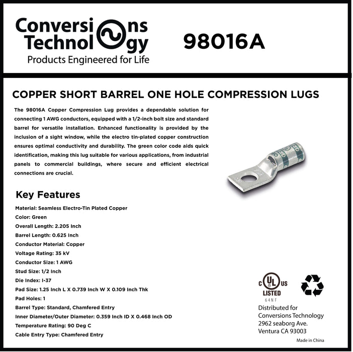 Copper Short Barrel One Hole Compression Lugs 1 AWG 1/2-inch Bolt Size