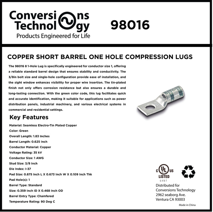 Copper Short Barrel One Hole Compression Lugs 1/0 AWG 1/4-inch Bolt Size