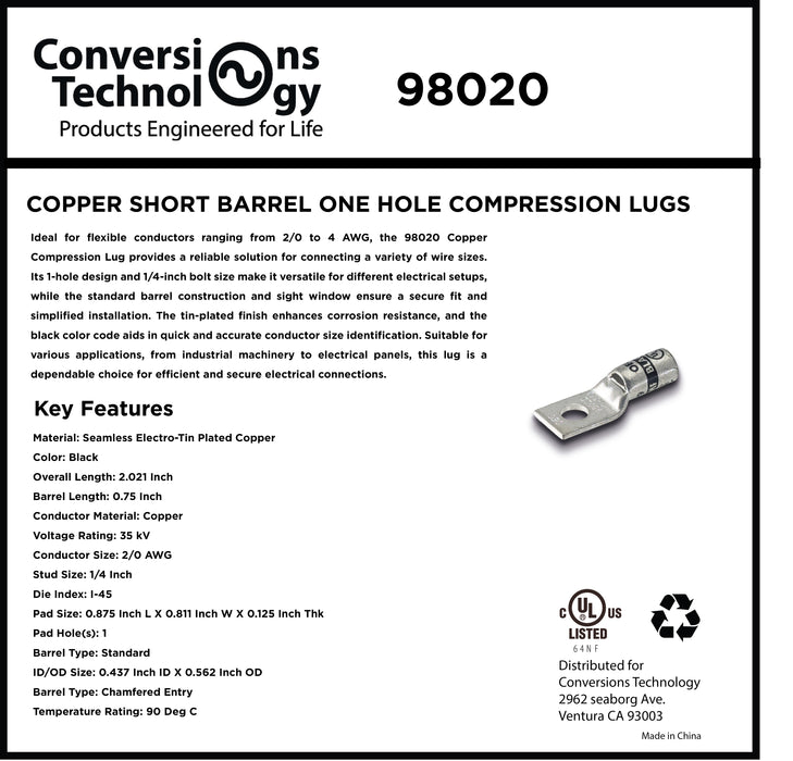 Copper Short Barrel One Hole Compression Lugs 2/0 AWG 1/4-inch Bolt Size