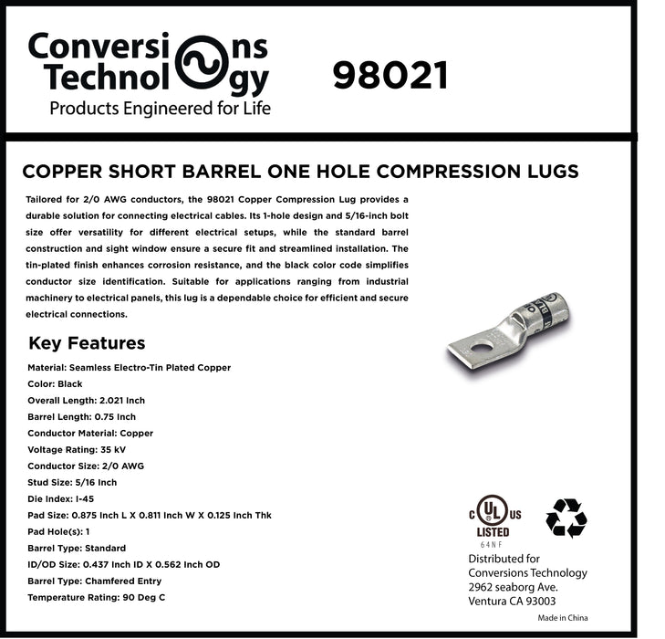Copper Short Barrel One Hole Compression Lugs 2/0 AWG 5/16-inch Bolt Size