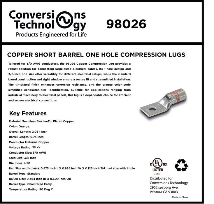 Copper Short Barrel One Hole Compression Lugs 3/0 AWG 3/8-inch Bolt Size