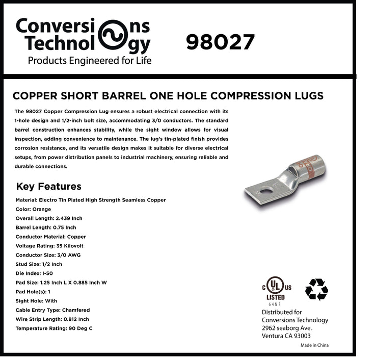 Copper Short Barrel One Hole Compression Lug 3/0 AWG 1/2-inch Bolt Size