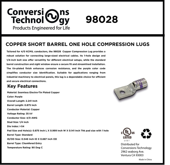 Copper Short Barrel One Hole Compression Lugs 4/0 AWG 1/4-inch Bolt SIze