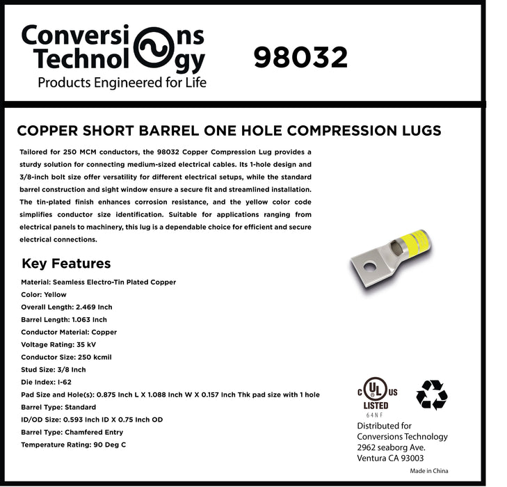 Copper Short Barrel One Hole Compression Lugs 250 kcmil 1/4-inch Bolt Size