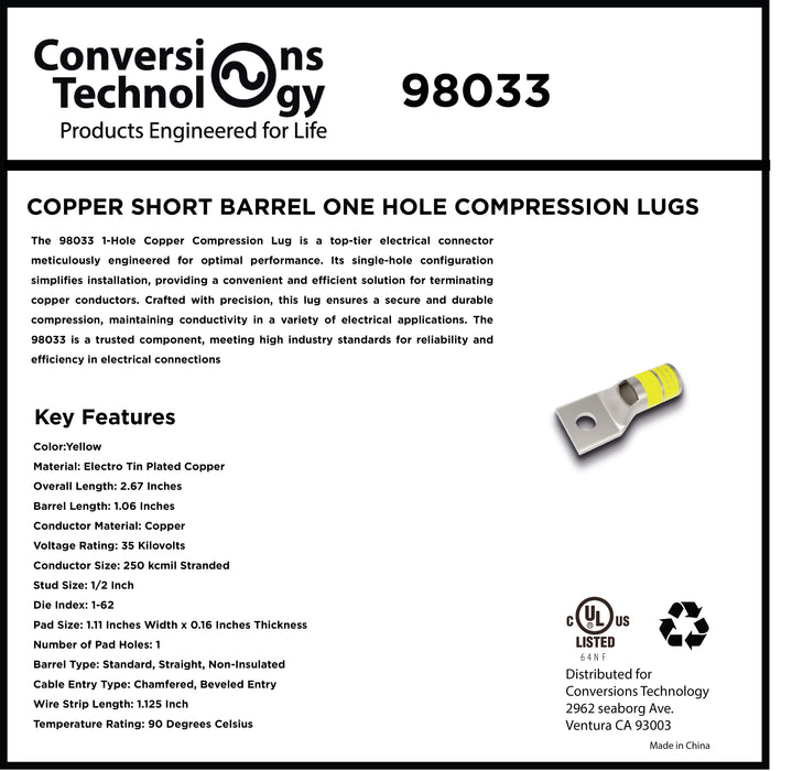 Copper Short Barrel One Hole Compression Lugs 250 kcmil 1/2-inch  Bolt Size