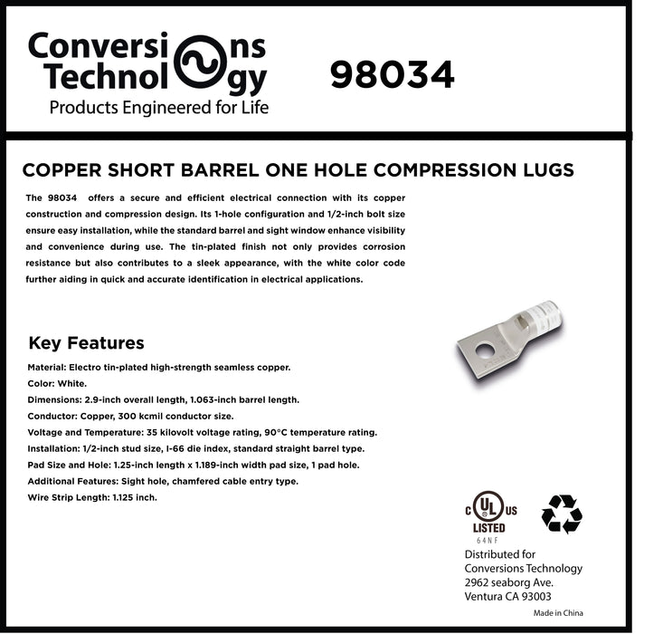 Copper Short Barrel One Hole Compression Lugs 300 kcmil 1/2-inch Bolt Size