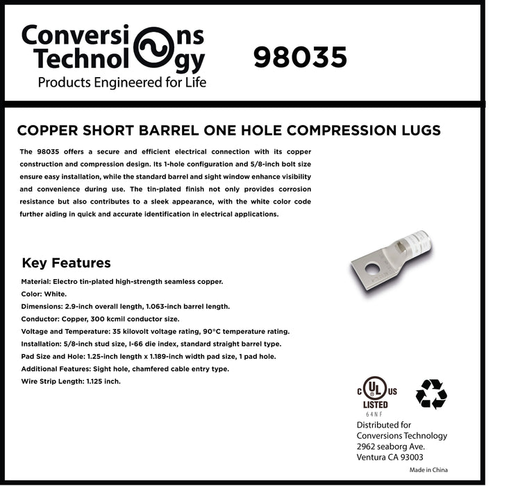 Copper Short Barrel One Hole Compression Lugs 300 kcmil 5/8-inch Bolt Size