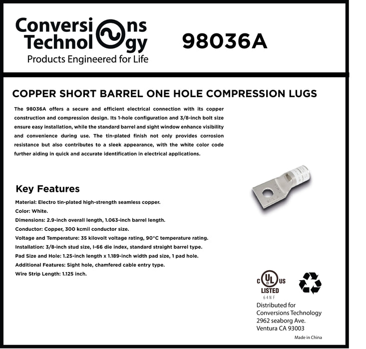 Copper Short Barrel One Hole Compression Lugs 250 kcmil 3/8-inch Bolt Size