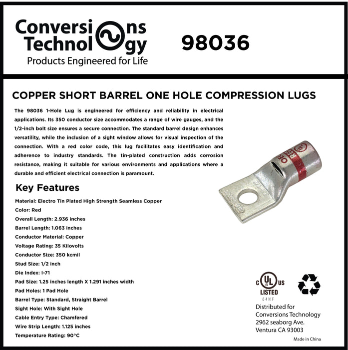 Copper Short Barrel One Hole Compression Lugs 350 kcmil 1/2-inch Bolt Size