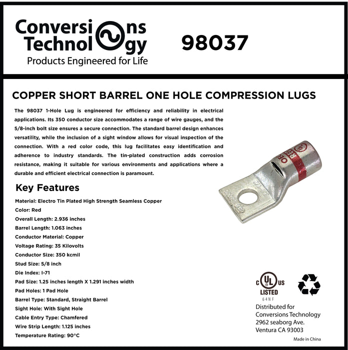 Copper Short Barrel One Hole Compression Lugs 350 kcmil 5/8-inch Bolt Size
