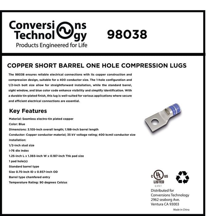 Copper Short Barrel One Hole Compression Lugs 400 kcmil 1/2-inch Bolt Size