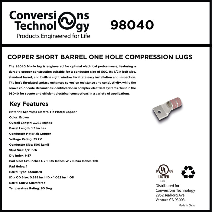 Copper Short Barrel One Hole Compression Lugs 500 kcmil 1/2-inch Bolt Size