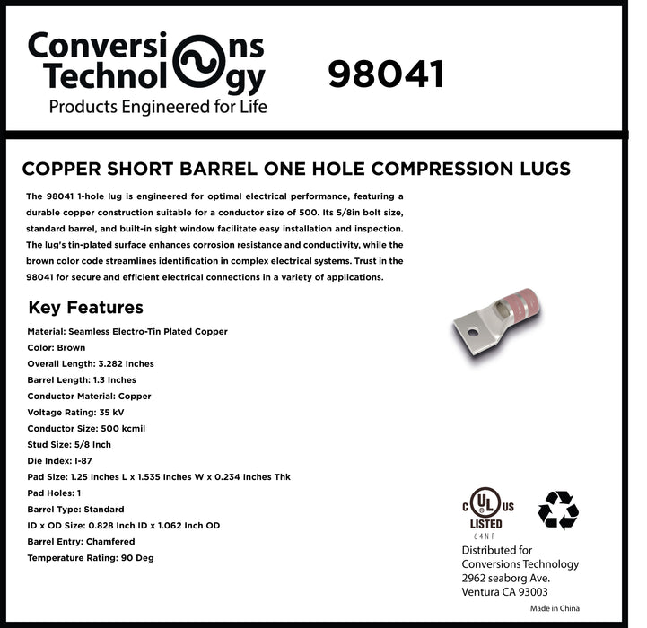 Copper Short Barrel One Hole Compression Lugs 500 kcmil 5/8-inch Bolt Size