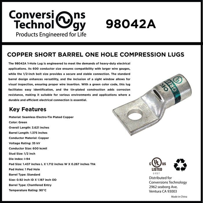 Copper Short Barrel One Hole Compression Lugs 600 kcmil 1/2-inch Bolt Size