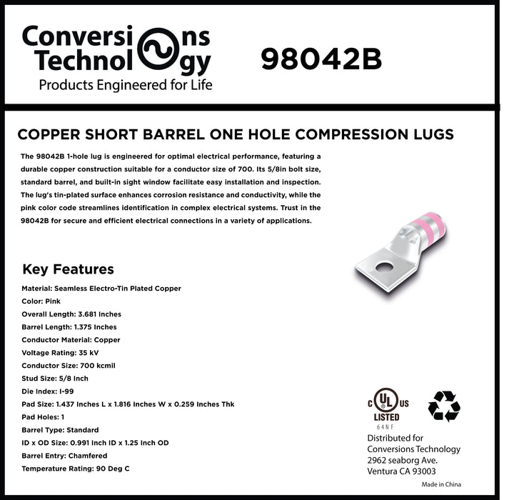 Copper Short Barrel One Hole Compression Lugs 700 kcmil 5/8-inch Bolt Size