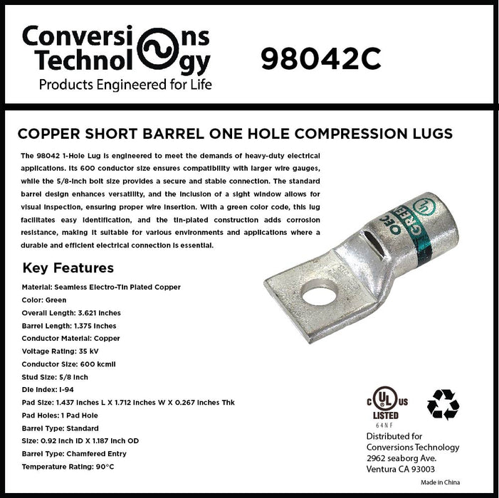 Copper Short Barrel One Hole Compression Lugs 700 kcmil 1/2-inch Bolt Size