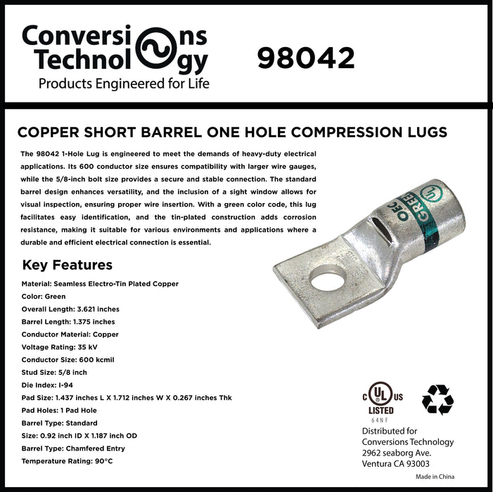 Copper Short Barrel One Hole Compression Lugs 600 kcmil 5/8-inch Bolt Size