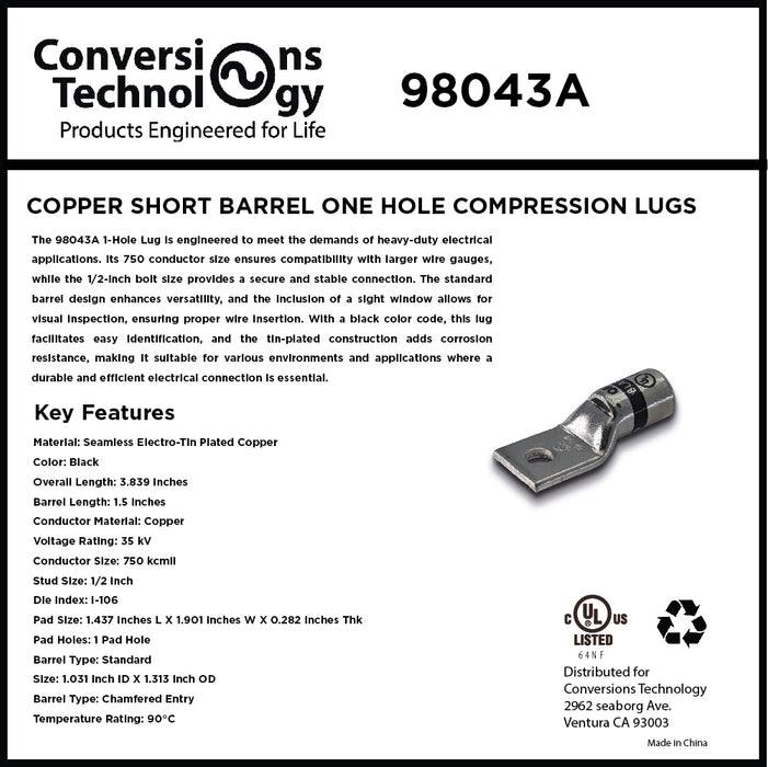 Copper Short Barrel One Hole Compression Lugs 750 kcmil 1/2-inch Bolt Size