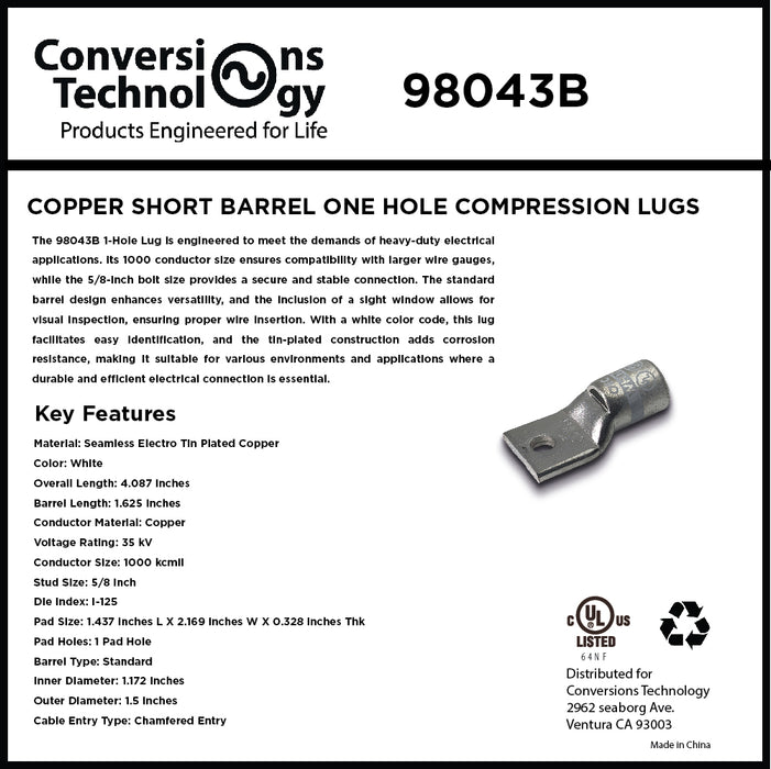 Copper Short Barrel One Hole Compression Lugs 1000 kcmil 5/8-inch Bolt Size