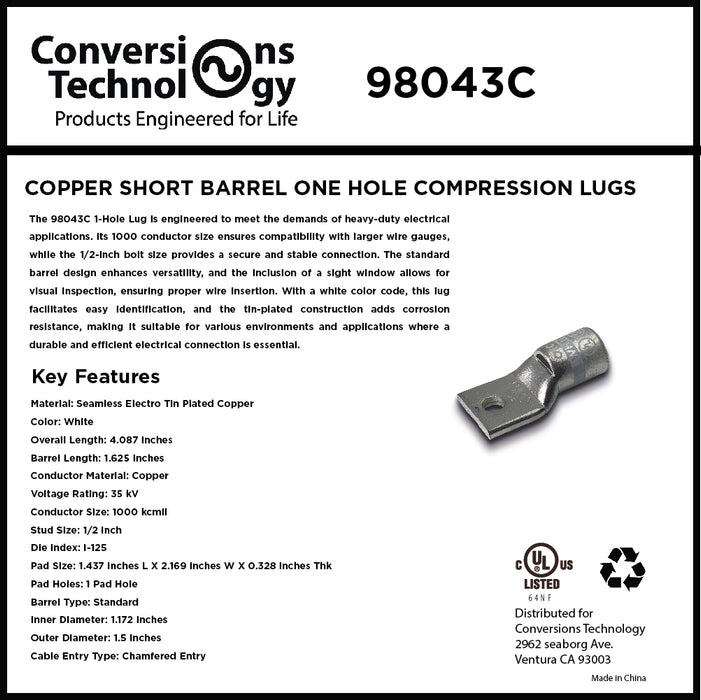 Copper Short Barrel One Hole Compression Lugs 1000 kcmil 1/2-inch Bolt Size
