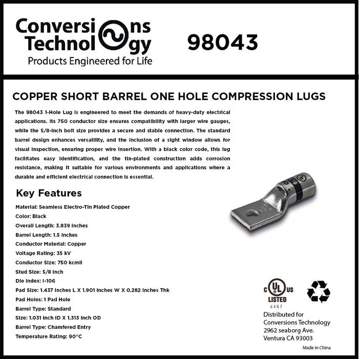 Copper Short Barrel One Hole Compression Lugs 750 kcmil 5/8-inch Bolt Size