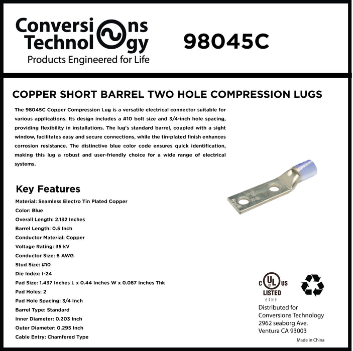 Copper Short Barrel Two Hole Compression Lugs 6 AWG #10 Bolt Size
