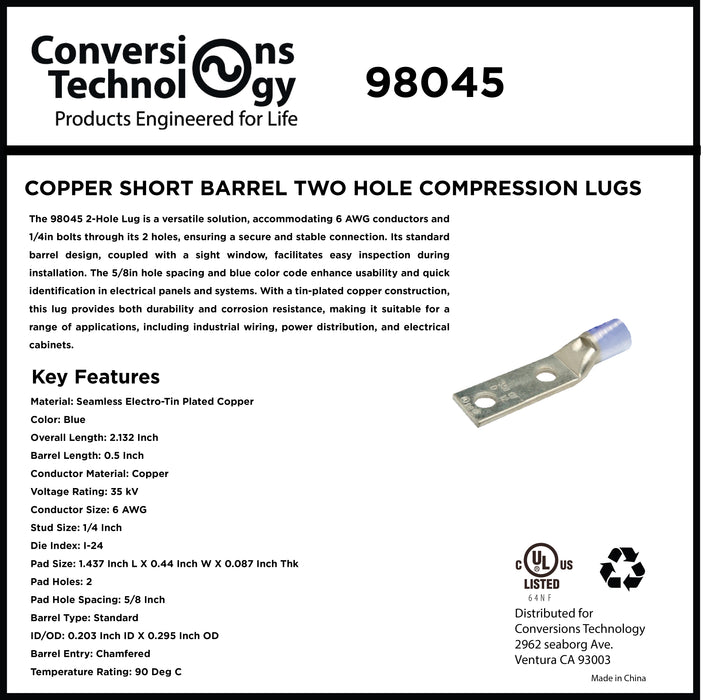 Copper Short Barrel Two Hole Compression Lugs 6 AWG 1/4-inch Bolt Size
