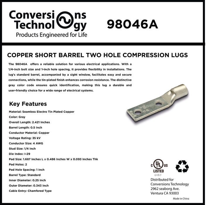 Copper Short Barrel Two Hole Compression Lugs 4 AWG 1/4-inch Bolt Size