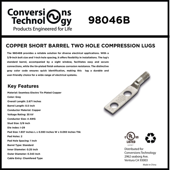 Copper Short Barrel Two Hole Compression Lugs 4 AWG 3/8-inch Bolt Size