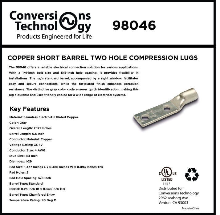 Copper Short Barrel Two Hole Compression Lugs 4 AWG 1/4-inch Bolt Size